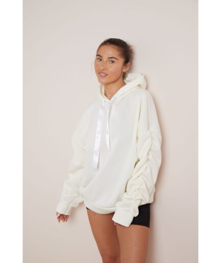 RUCHED SLEEVE HOODIE WITH RIBBON DETAIL